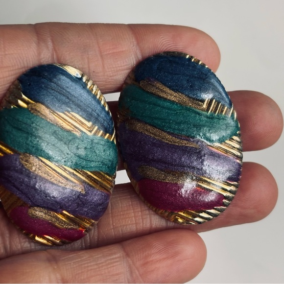 Vintage Rainbow Enamel Oval Stud Earrings Colorful Retro 80s 90s - Picture 7 of 8